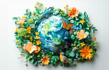 Fototapeta  - Global Biodiversity: Earth's Floral and Faunal Harmony. Flowery and diverse world map with a variety of animals and plants.International Day for Biological Diversity 22 may