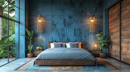 Sticker - dark bed and mockup dark blue wall in bedroom interior