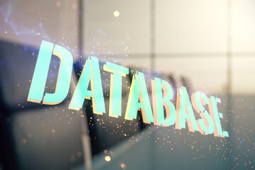 Poster - Double exposure of Database word sign on a modern conference room background, global research and analytics concept