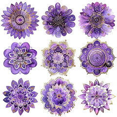 Poster - Four purple mandala flowers with gold accents. The flowers are all different sizes and shapes. The flowers are arranged in a way that creates a sense of harmony and balance