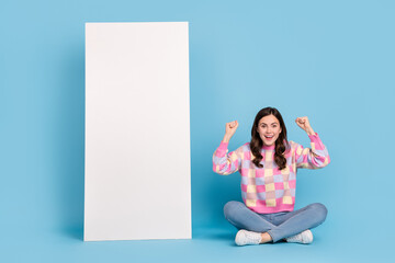 Wall Mural - Full length photo of young cheerful girl rejoice luck triumph hooray discount isolated over blue color background