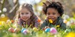 © Настя Шевчук - Multiracial children playing together at garden with colorful Easter Eggs