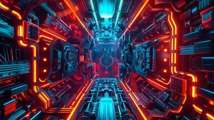 Wall Mural - Futuristic corridor with glowing neon lights and high-tech walls.