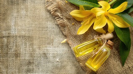 ylang-ylang essential oil on burlap background. selective focus