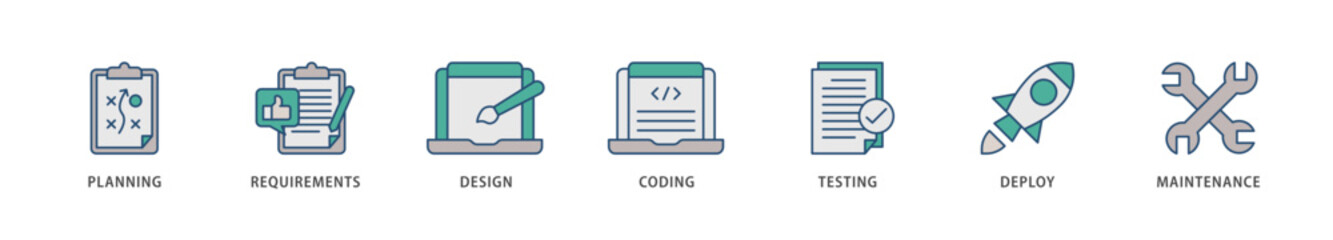 Software development icons set collection illustration of planning, requirements, design, coding, testing, deploy and maintenance icon live stroke and easy to edit 