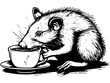 Coloring book image. Rodent rat drink tea, friends relax. Vector, generative ai.