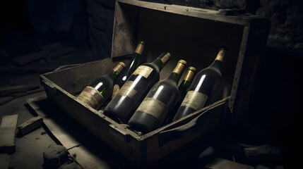 Old bottles of wine in the old cellar
