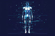 futuristic blue holographic robot with a luminous core standing against a dark background