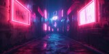 Fototapeta Londyn - Beautiful neon night in a cyberpunk city. Futuristic cityscape. Empty street with multicolored neon lights.