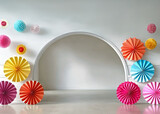 Fototapeta  - Room with a white wall and archway. The archway is decorated with colorful paper lanterns