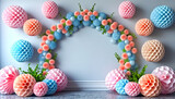 Fototapeta  - Delicate paper wreath of paper honeycomb and pom-pom decorations in soothing pastel tones adorns a white space, creating a festive ambiance