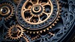 © narak0rn - A closeup of a steampunk clockwork mechanism with gears and cogs.