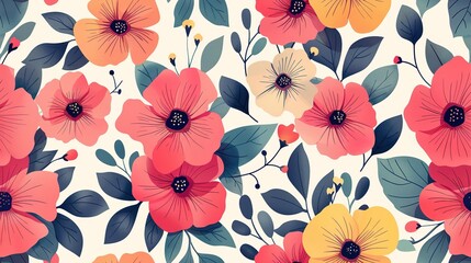 Naklejka na meble beautiful Poppy Anemone flower seamless pattern nursery design cartoon style illustration with grungy texture, Generative Ai