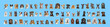Collage of many different dog breeds heads, facing and looking at the camera against a neutral blue background
