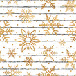Snowflake seamless pattern. Repeated gold snowflakes on white background for design winter prints. Repeating sparkle foil. Cute golden sparkling snowflakes. Elegant glitter snow. Vector illustration