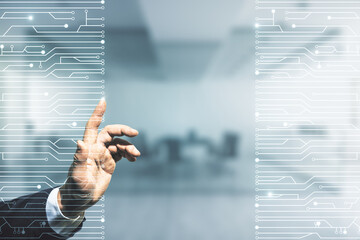 Wall Mural - man hand presses on abstract virtual microscheme illustration on blurred office background. big data