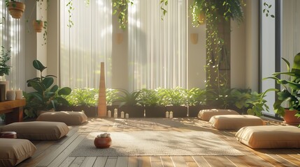A tranquil yoga studio with calming colors and natural materials.