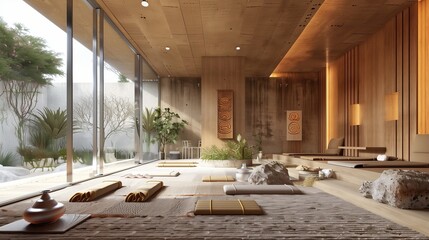 A tranquil yoga studio with calming colors and natural materials.