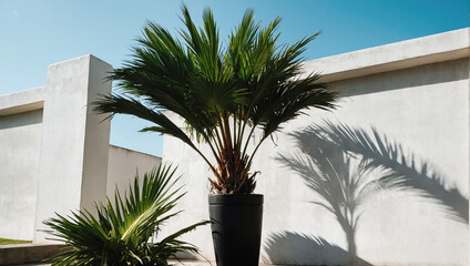 Wall Mural - creative layout of colorful palm leaves on a white background in the rays of the sun, with shadows. 
