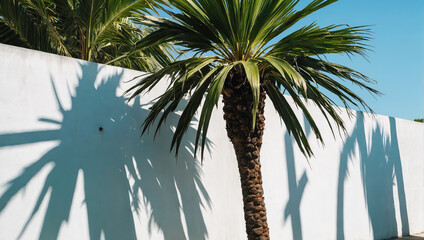 Wall Mural - creative layout of colorful palm leaves on a white background in the rays of the sun, with shadows. 