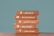 Smart goal for business strategy concept. specific, measurable, achievable, relevant and time-bound text on wooden block with blurred green concrete wall