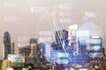 Wall Mural - abstract virtual coding illustration and world map on blurry skyscrapers background, international s