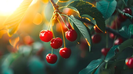 Sticker - Ripe Red Cherries Gleaming in Sunlight on Lush Tree. Fresh Summer Fruit Concept. Vibrant Orchard Scenery. Harvest Time. Nature's Bounty Display. AI