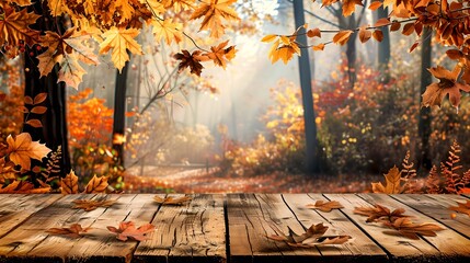 Poster - Enchanting Autumn Forest Scene with Sunlight Filtering Through Trees on a Misty Morning. Wooden Plank Flooring Leads to Nature's Beauty. Ideal for Background or Wallpaper Usage. AI