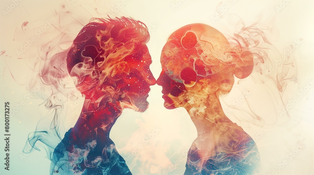 man and woman in hearts, couple kissing in air with smoke coming out ...