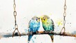 A pair of parakeets chirp on a swing, watercolor painting on a white background