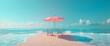 Pair of sun loungers and a beach umbrella on a deserted beach. Clean minimalistic vacation concept. Wild Beach. Summer wallpaper.