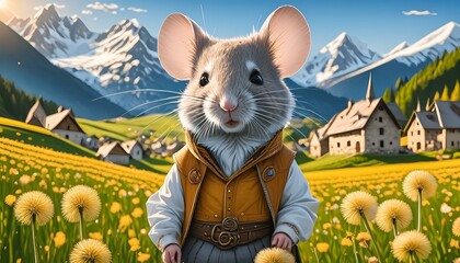 Wall Mural - mouse in a meadow with village in the background