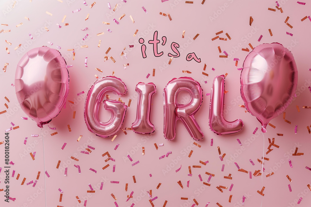 pastel pink foil balloons shaped text "It's a GIRL" on a pastel pink background with pastel pink confetti for gender reveal or baby shower
