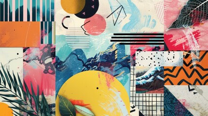 Abstract trendy vintage art collage with geometric shapes, paper cutouts, patches, paint strokes. Retro aesthetic fashionable style poster, banner