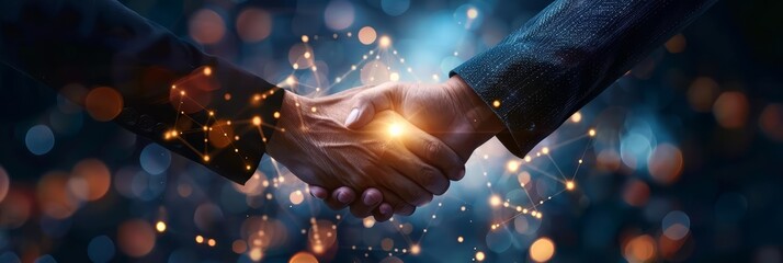 Wall Mural - A photo of two people of any race or gender shaking hands with a glowing light in the center of their hands over a blue background with a lot of small, glowing lights in the backgr