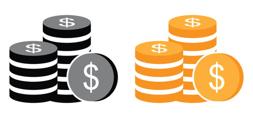 Wall Mural - Coins stack icon. golden and black & white coin symbol with dollar sign. 3d money, cash, treasure heap icon for app, game assets, bank, finance. vector illustration on transparent background.