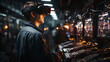 A factory worker wearing virtual reality glasses stands next to the machine, realism
