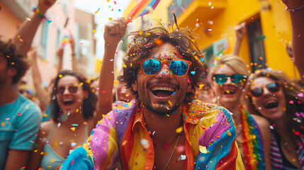 A happy young man is having fun at a festival wearing sunglasses in the summer