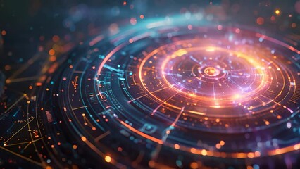 futuristic zodiac wheel with neon glow and cosmic elements intertwining astrology and technology