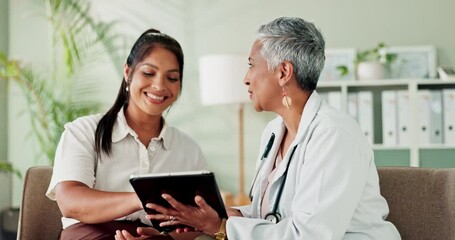 Aufkleber - Woman, patient and doctor with tablet for results, analysis and research in medical career. Female person, healthcare expert and surgeon with technology in hospital, clinic or consultation in office