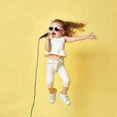 Wall Mural - Girl sings into a microphone on a yellow background
