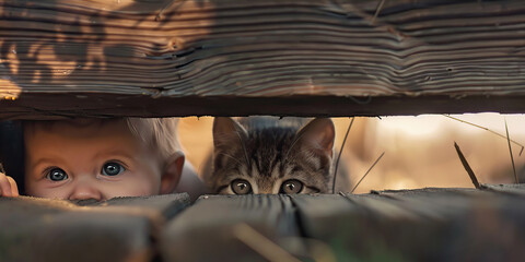 A little boy and a cat look through a gap in the fence
