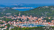 AERIAL: Picturesque view of two quaint old towns on the coasts of Hvar island.