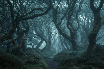 Poster - Midnight in a haunting forest - with twisted trees and thick fog - evokes the eerie sensation of walking through the gates of hell