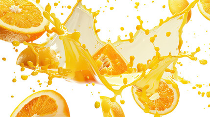 Canvas Print - Orange juice and orange slices floating on a white background
