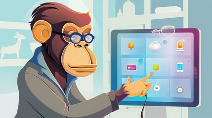 Wall Mural - digital aware monkey using app and wear glasses 