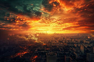 Poster - A fiery sunset casts apocalyptic colors over a devastated cityscape, creating a dramatic representation of hell on Earth