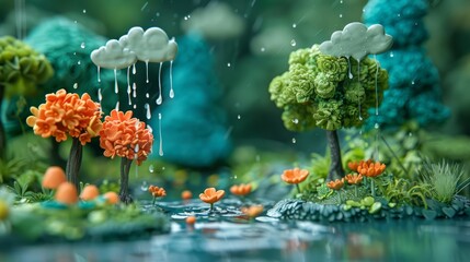 A 3D rendering of a whimsical forest with two trees, one orange and one green, and a pond between them. It is raining and the raindrops are visible.