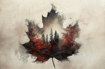 Wall Mural - A maple leaf with trees inside, double exposure