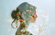 A beautiful young beauty woman in profile with her head full of flowers. Abstract contemporary art. Female and flower power concept. Springtime bloom.